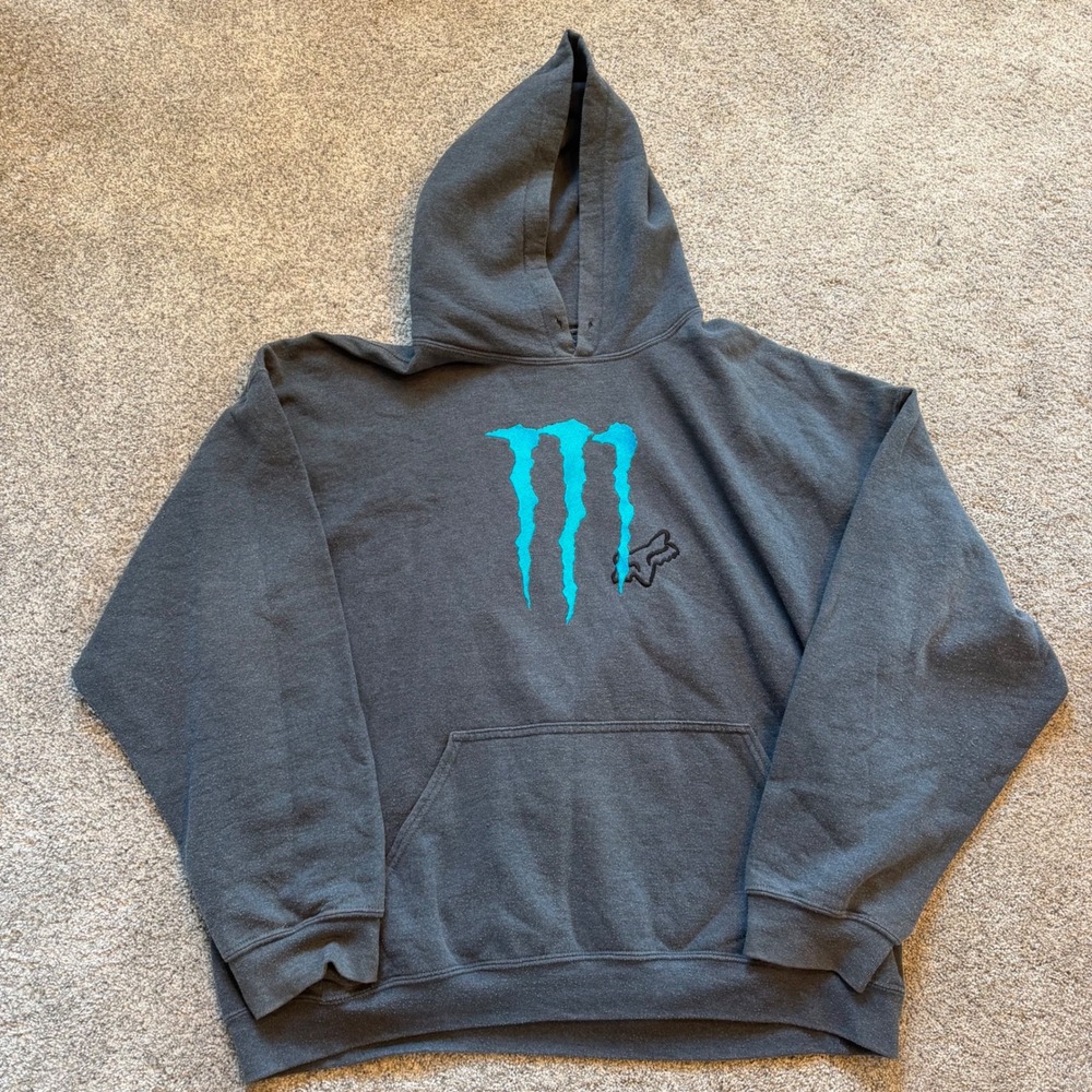 Fox Racing Monster Energy Hoodie Mens XL Gray Teal Logo Pullover Sweatshirt